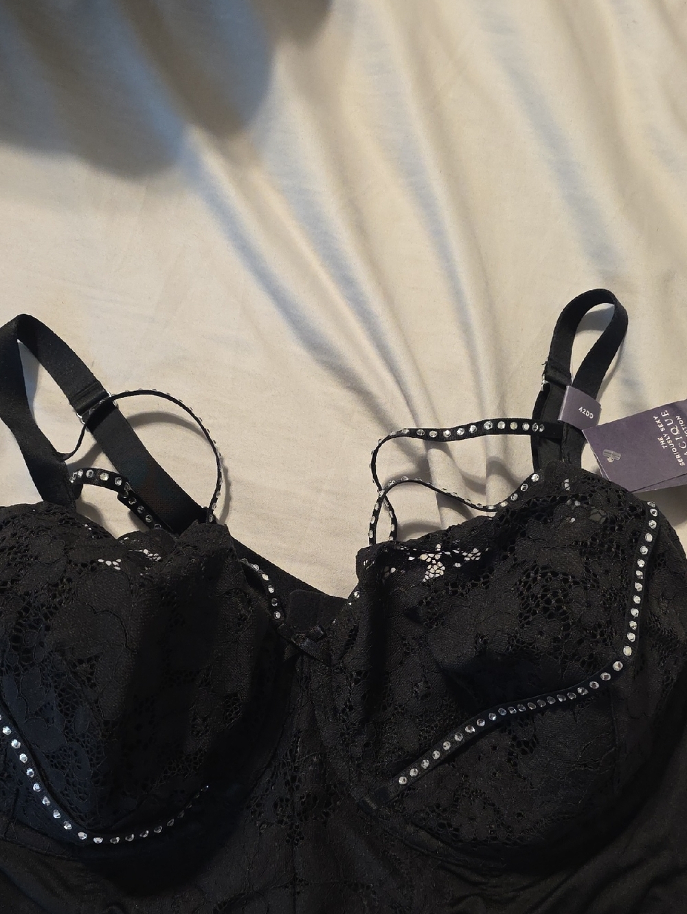 Cacique Black Lace Underwire Bra with Rhinestone Accents
